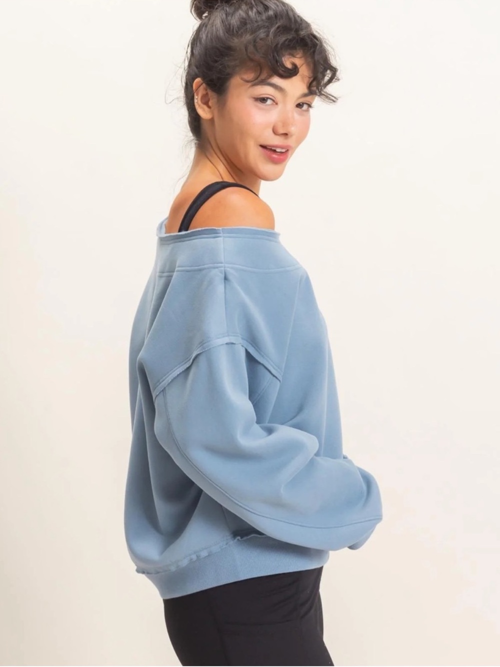 NEW Double Zero Dusty Blue Raw Edge Off Shoulder Sweatshirt – Large - Picture 4 of 6
